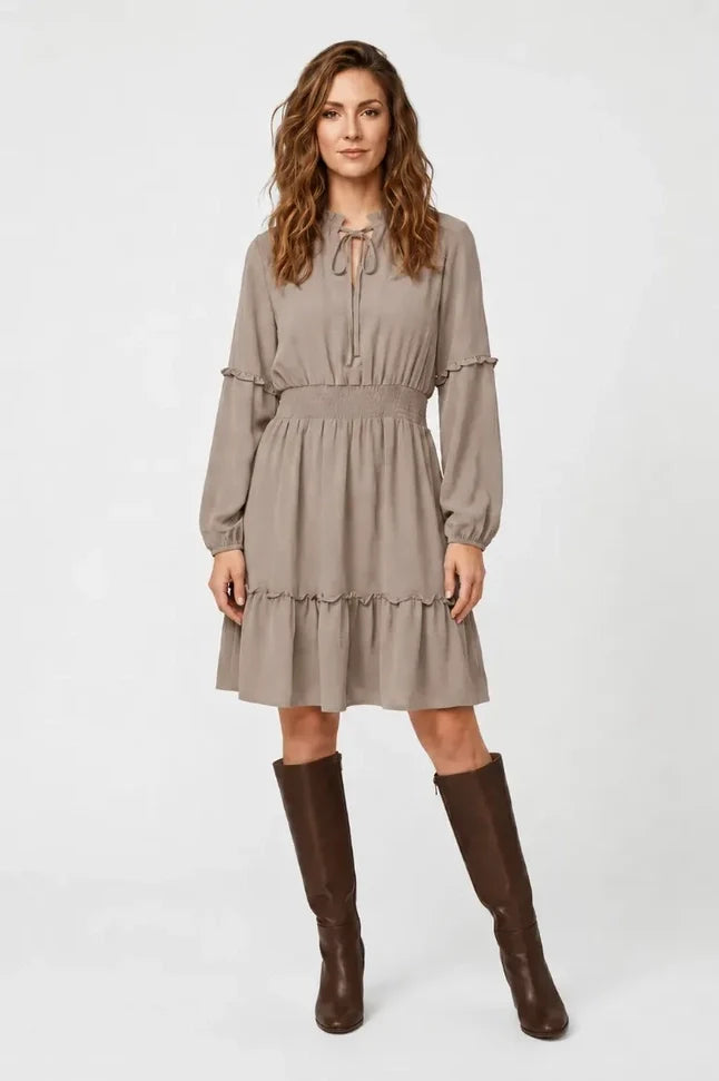 Air Flow Balloon Sleeve Tie Front Dress