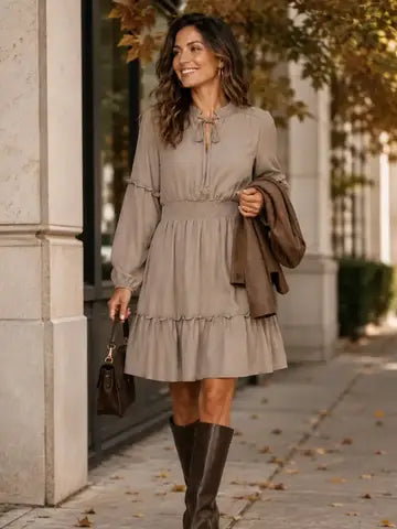 Air Flow Balloon Sleeve Tie Front Dress