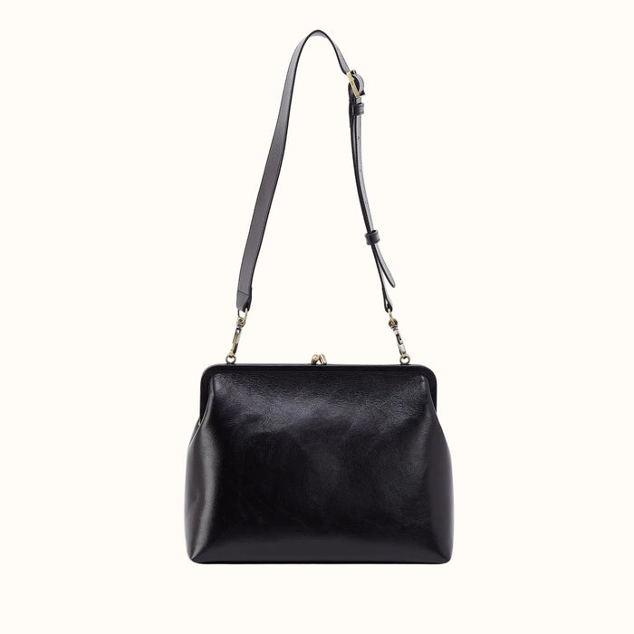 Alba Frame Large Shoulder Bag in Polished Leather - Black