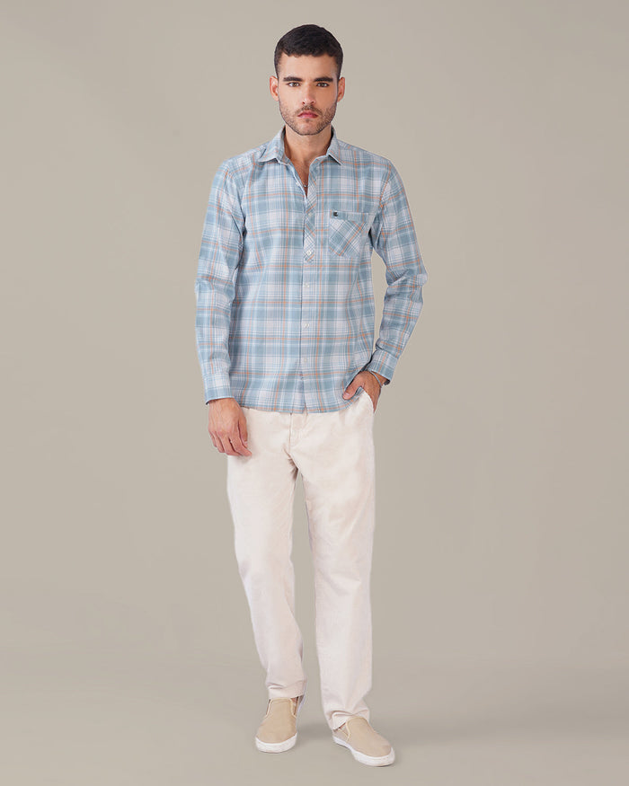 Aqua Multi Plaid 100% Cotton Slub Shirt