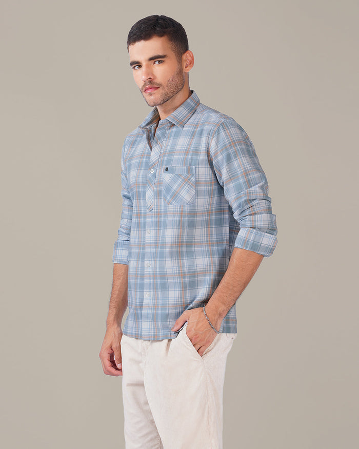 Aqua Multi Plaid 100% Cotton Slub Shirt