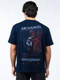 Person wearing a navy blue t-shirt with 'Archangel' graphic design on the back.