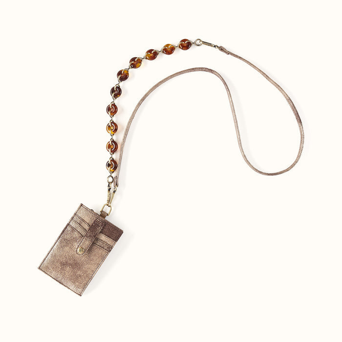 Around Town Lanyard in Metallic Leather - Cocoa Platinum- FOL