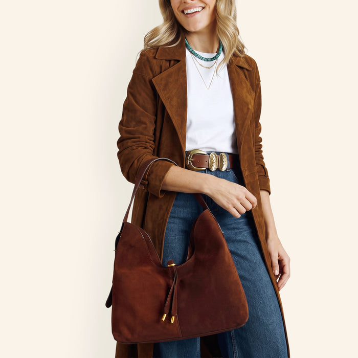 Atlas Hobo Bag In Suede Leather - Chocolate