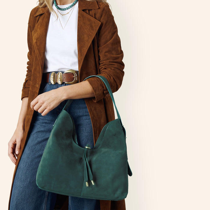 Atlas Hobo Bag In Suede Leather - Pine Needle