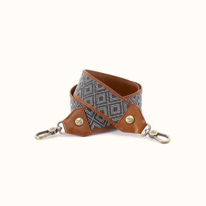 Beaded Guitar Strap In Polished Leather - Truffle