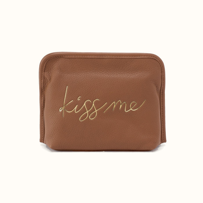 Beauty Cosmetic Pouch in Pebbled Leather - Timber Brown- FOL