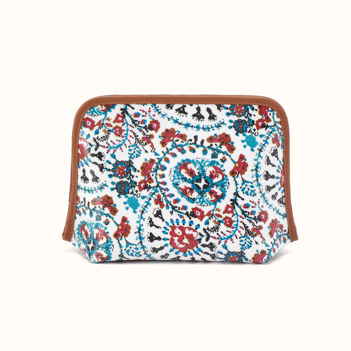 Beauty Cosmetic Pouch in Printed Leather - Batik Blooms- FOL