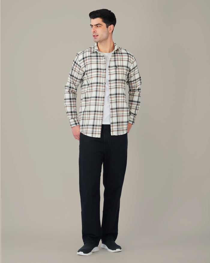 Beige and Black Plaid 100% Cotton Poplin Shirt