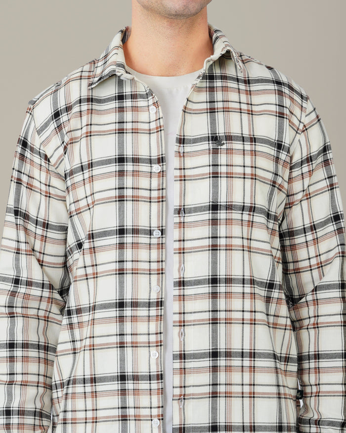 Beige and Black Plaid 100% Cotton Poplin Shirt