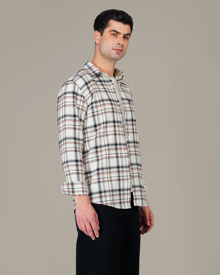Beige and Black Plaid 100% Cotton Poplin Shirt