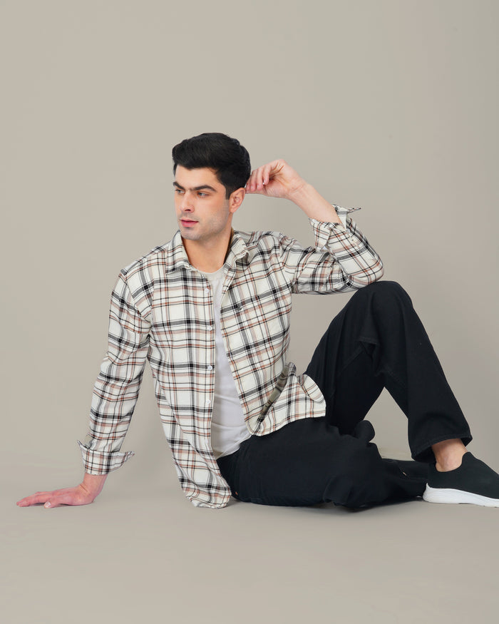 Beige and Black Plaid 100% Cotton Poplin Shirt