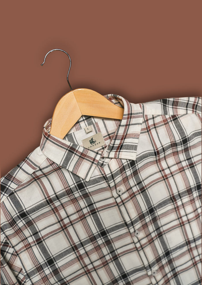 Beige and Black Plaid 100% Cotton Poplin Shirt