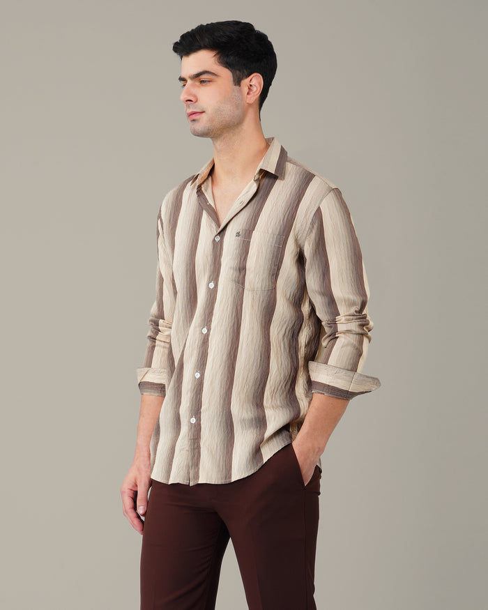 Beige and Brown Striped Viscose-Nylon Blend Button-Up Shirt