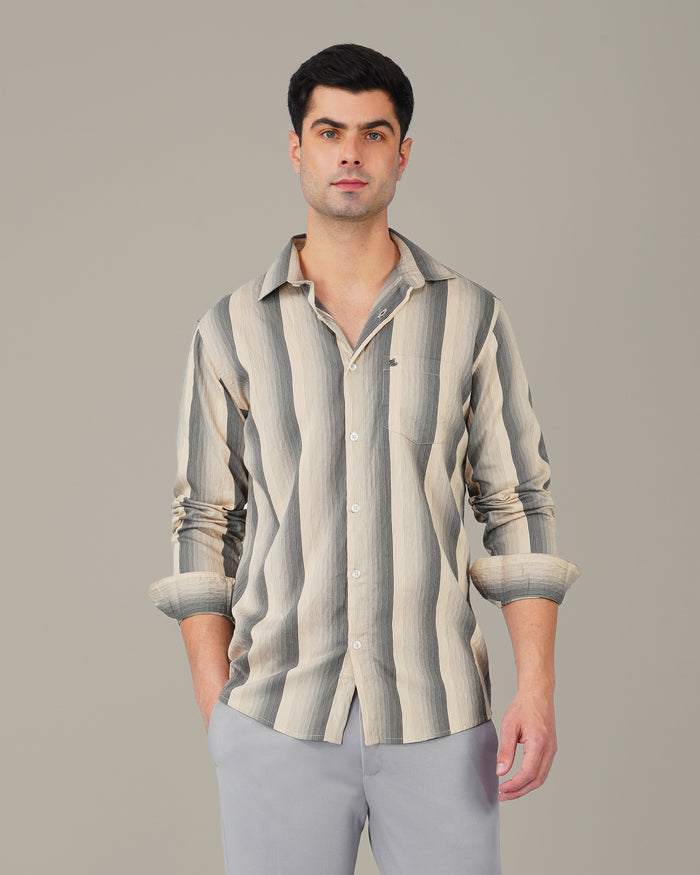 Beige and Navy Striped Viscose-Nylon Blend Button-Up Shirt
