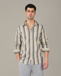 Beige and Navy Striped Viscose-Nylon Blend Button-Up Shirt