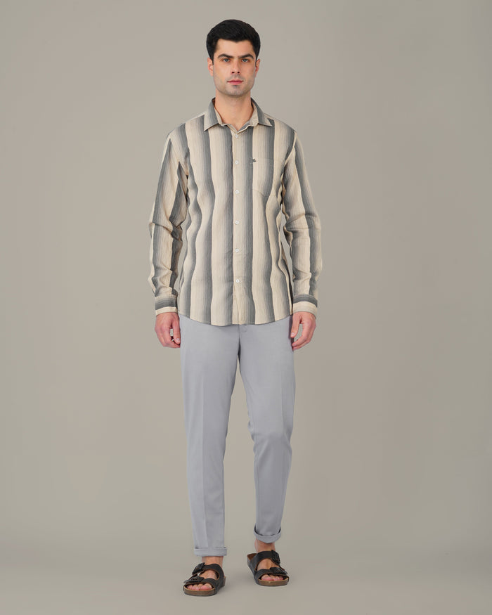 Beige and Navy Striped Viscose-Nylon Blend Button-Up Shirt