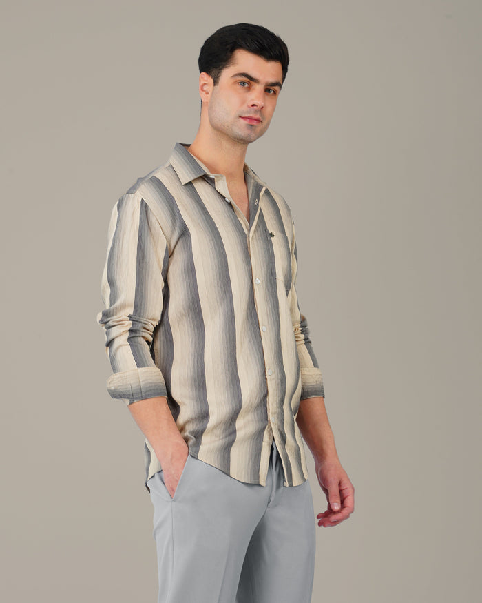 Beige and Navy Striped Viscose-Nylon Blend Button-Up Shirt