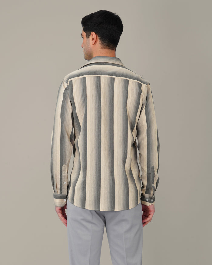 Beige and Navy Striped Viscose-Nylon Blend Button-Up Shirt