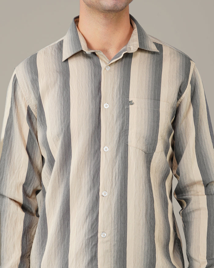 Beige and Navy Striped Viscose-Nylon Blend Button-Up Shirt