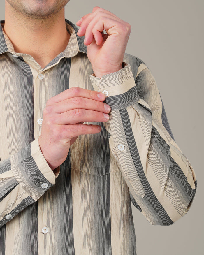 Beige and Navy Striped Viscose-Nylon Blend Button-Up Shirt