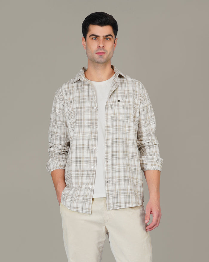 Beige Brown Plaid 100% Cotton Slub Casual Button-Up Shirt