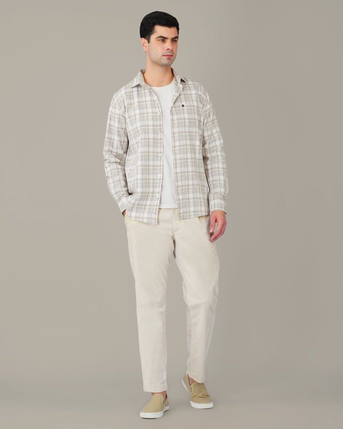 Beige Brown Plaid 100% Cotton Slub Casual Button-Up Shirt