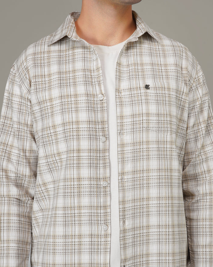 Beige Brown Plaid 100% Cotton Slub Casual Button-Up Shirt