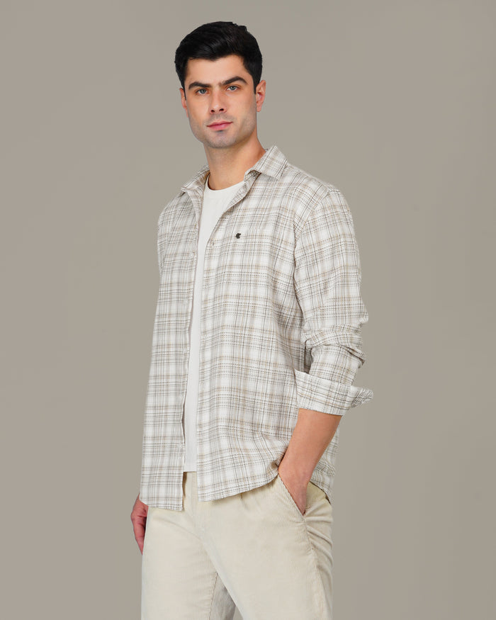Beige Brown Plaid 100% Cotton Slub Casual Button-Up Shirt