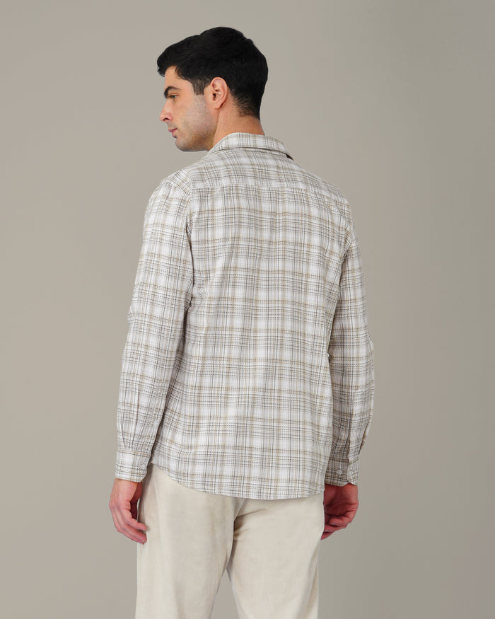 Beige Brown Plaid 100% Cotton Slub Casual Button-Up Shirt