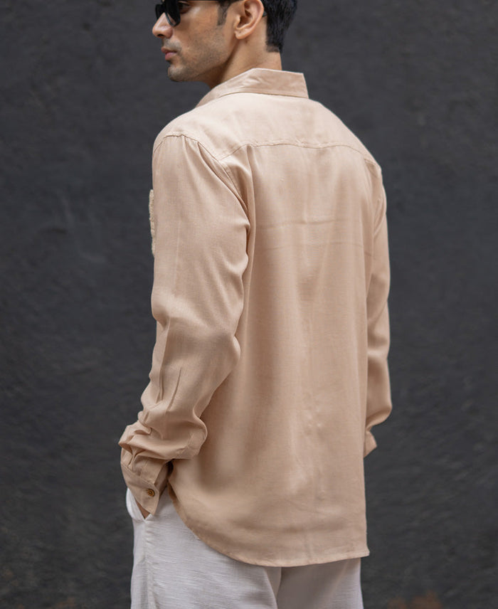 Beige Linen Crochet Patch Shirt