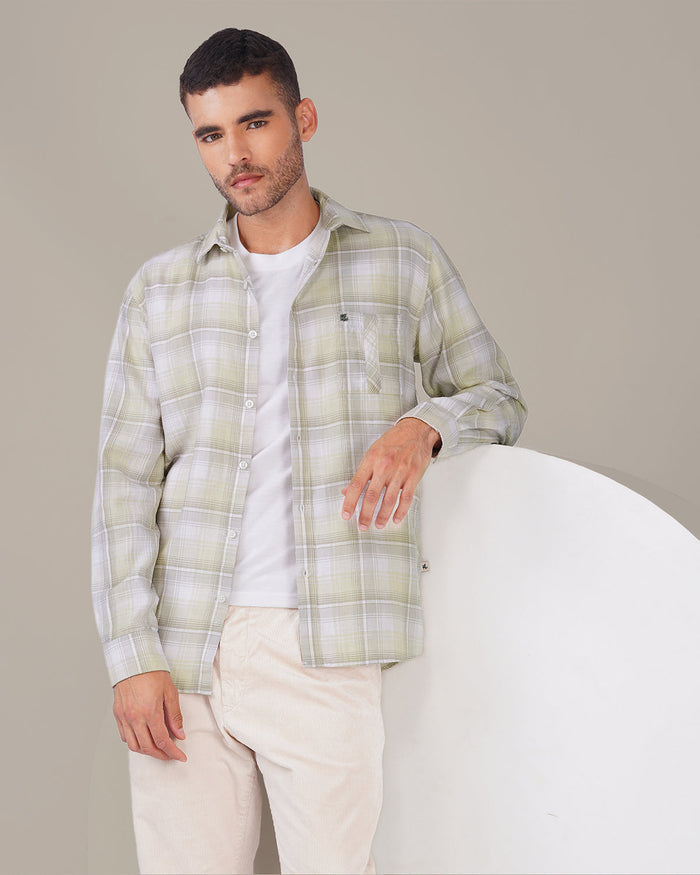 Beige Plaid 100% Cotton Dobby Weave Shirt