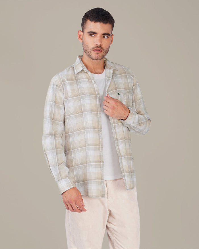 Beige Plaid 100% Cotton Dobby Weave Shirt
