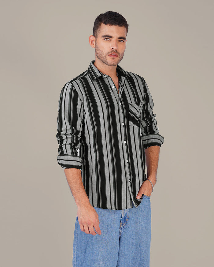 Black and Grey Striped 100% Cotton Slub Weave Shirt