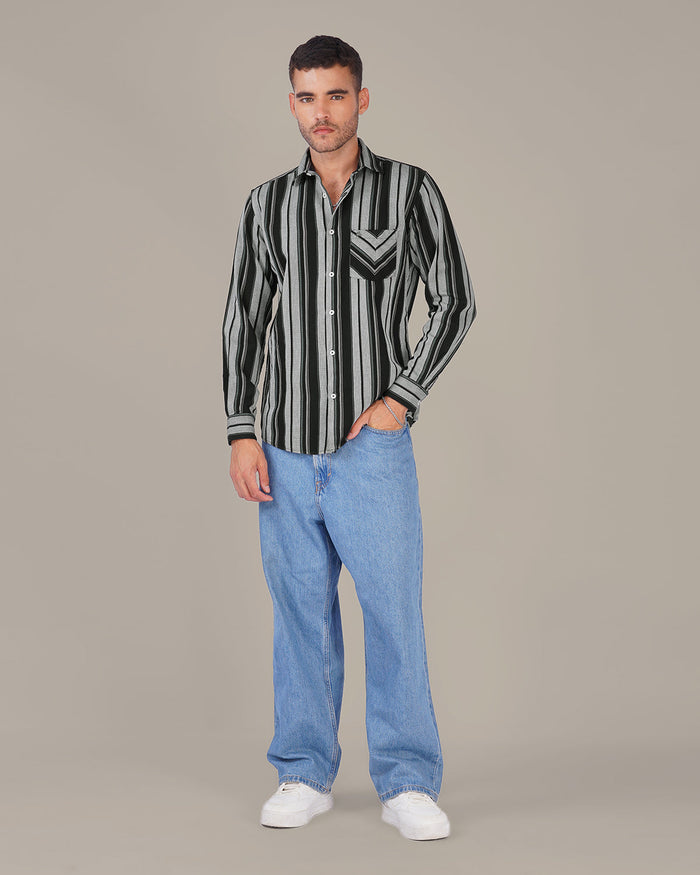 Black and Grey Striped 100% Cotton Slub Weave Shirt