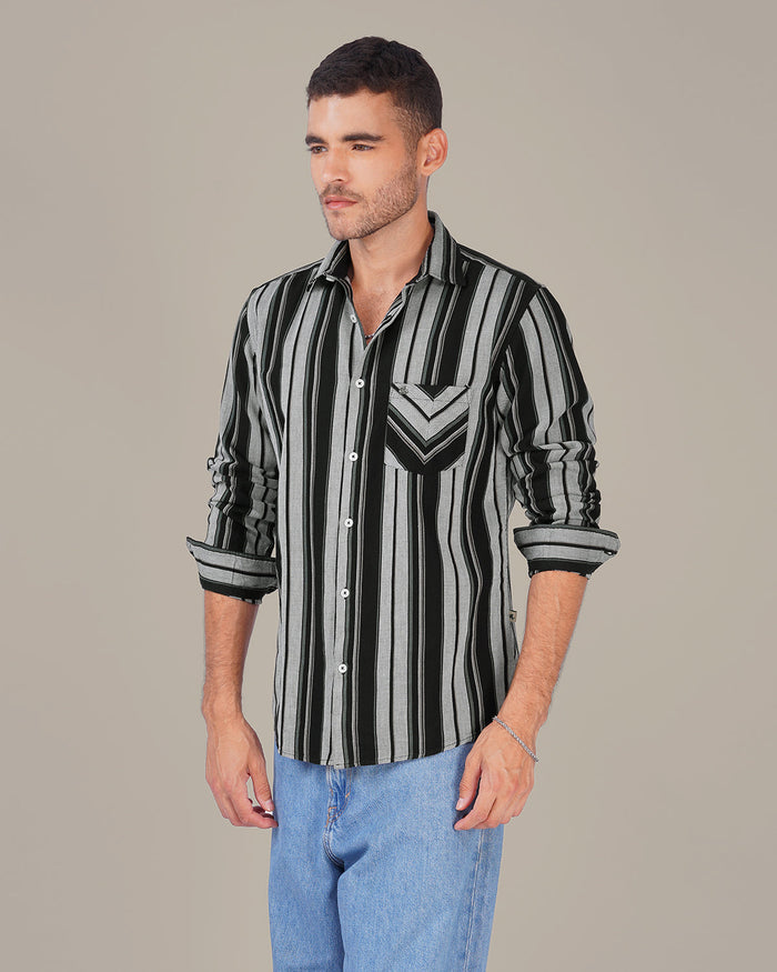 Black and Grey Striped 100% Cotton Slub Weave Shirt