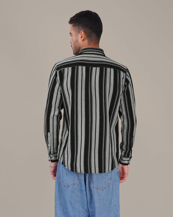 Black and Grey Striped 100% Cotton Slub Weave Shirt