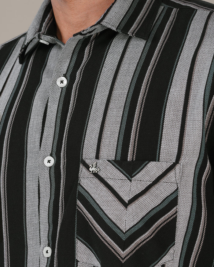 Black and Grey Striped 100% Cotton Slub Weave Shirt