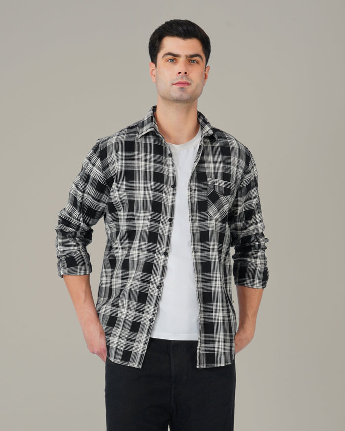 Black and White Geometric Dobby Woven Cotton Shirt