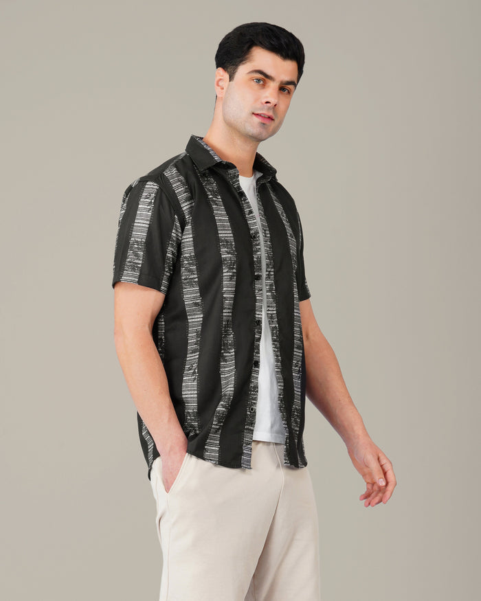 Black and White Striped 100% Polyester Button-Up Shirt
