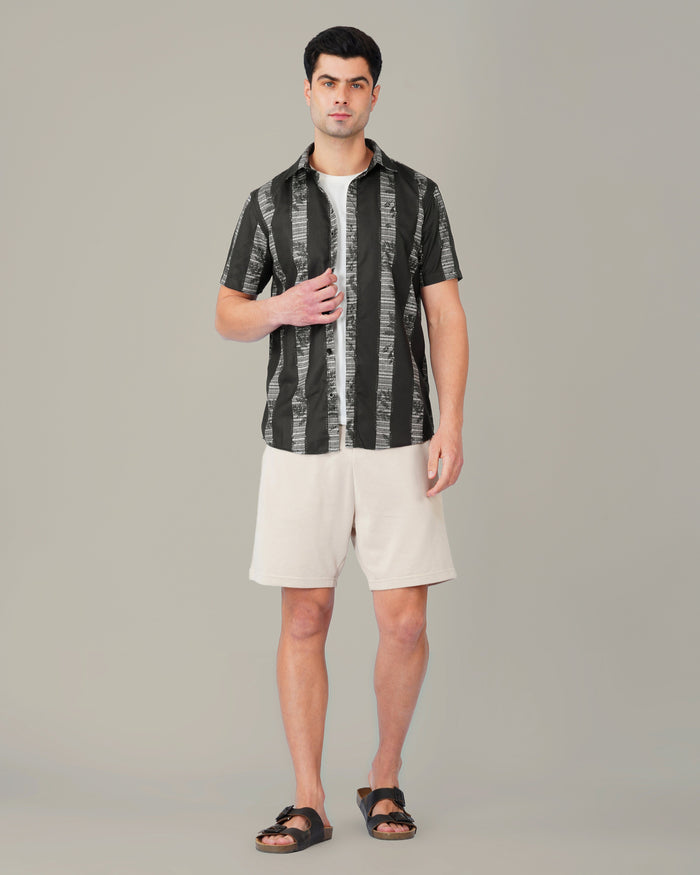 Black and White Striped 100% Polyester Button-Up Shirt