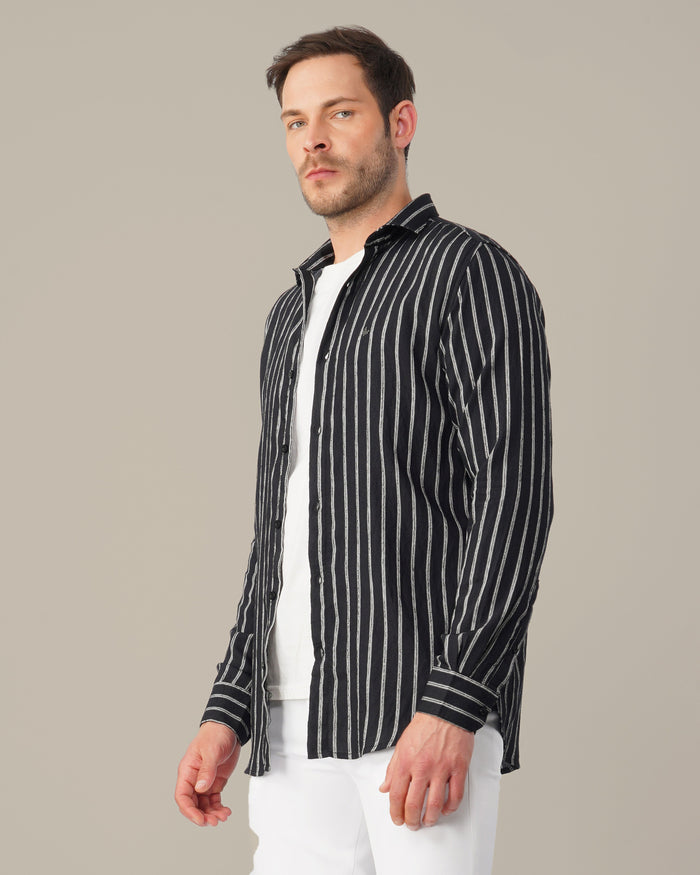 Black and White Striped Viscose-Nylon Blend Button-Up Shirt