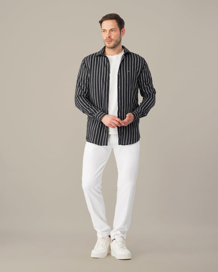 Black and White Striped Viscose-Nylon Blend Button-Up Shirt