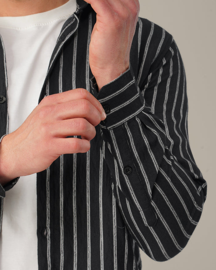 Black and White Striped Viscose-Nylon Blend Button-Up Shirt