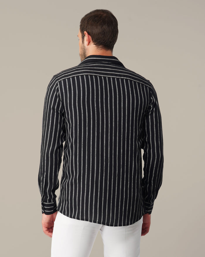 Black and White Striped Viscose-Nylon Blend Button-Up Shirt