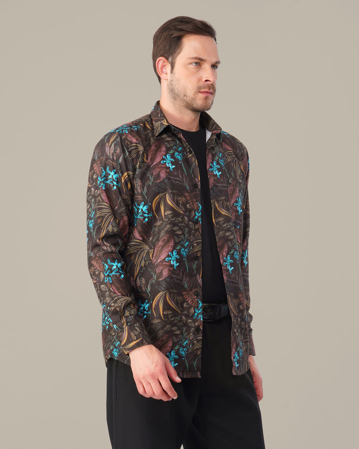 Black Floral Print 100% Polyester Shirt