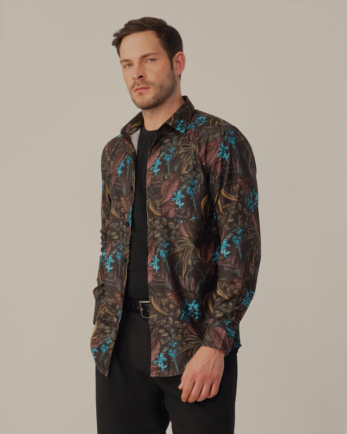 Black Floral Print 100% Polyester Shirt