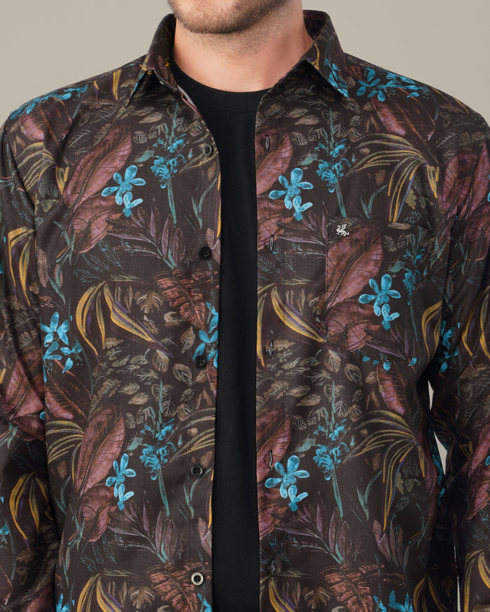 Black Floral Print 100% Polyester Shirt