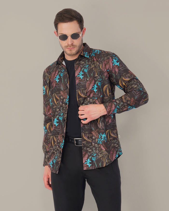 Black Floral Print 100% Polyester Shirt