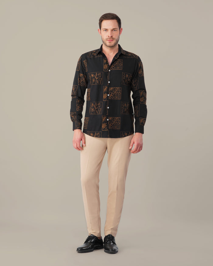 Black Floral Print Cotton-rich Linen-style Shirt